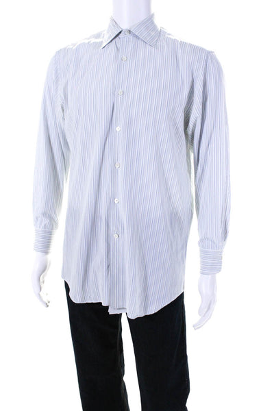 Canali Mens Striped Button DownDress Shirt White Blue Cotton Size 16 41