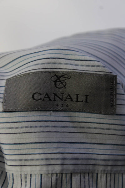 Canali Mens Striped Button DownDress Shirt White Blue Cotton Size 16 41