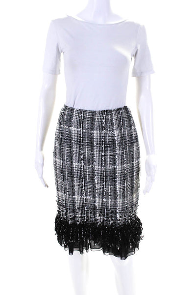 Lafayette 148 Womens Sequin Fringe Hem Tweed Pencil Skirt Black White Size 6