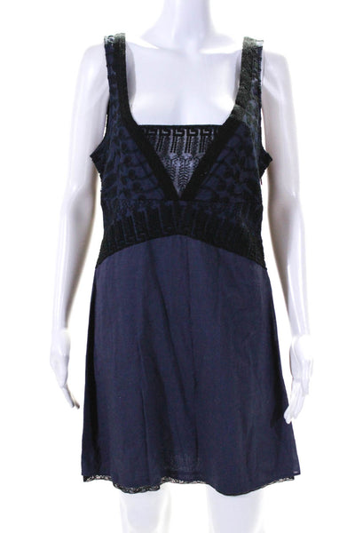Free People Womens Embroidered Mesh Illusion V Neck Mini Dress Navy Size 12