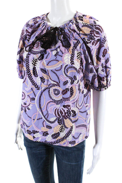 ALC Womens Short Sleeve Keyhole Printed Top Blouse Purple Multi Cotton Size 2