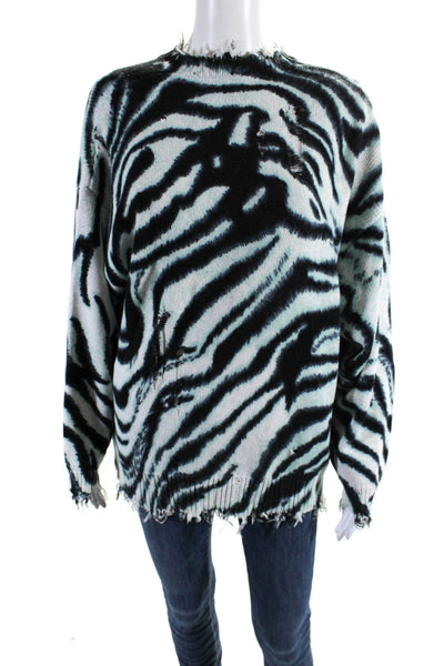 R13 Womens Distressed Fringe Zebra Print Oversized Sweater White Black Size XS