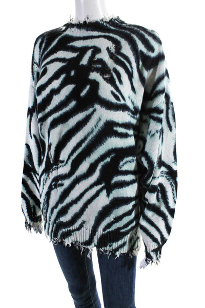 R13 Womens Distressed Fringe Zebra Print Oversized Sweater White Black Size XS