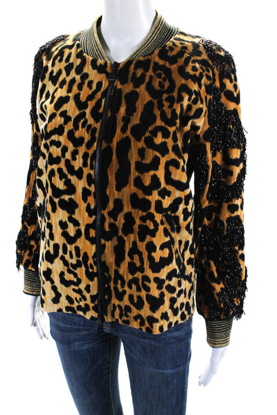 Libertine Womens Front Zip Velvet Leopard Fringe Jacket Brown Black Size Small