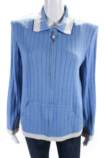 St. John By Marie Gray Womens Wool Collared Zipped Striped Jacket Blue Size L