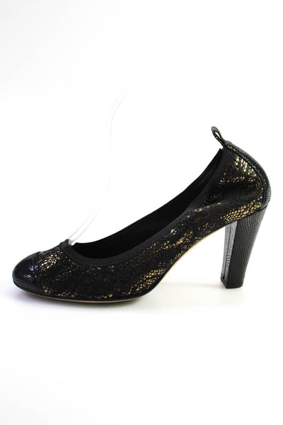 Chanel Womens Spirit Cap Toe Metallic Suede Slip On Pumps Black Gold Size 37 7