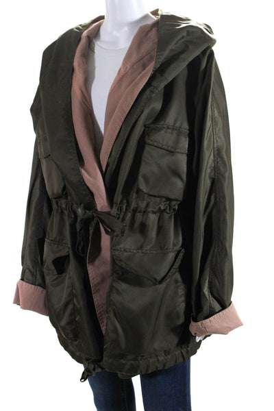 Zara Womens Long Satin Hooded Drawstring Anorak Coat Green Beige Size M/L