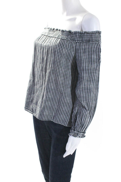 Rag & Bone Womens Cotton Check Print Ruched Round Neck Blouse Black Size XS