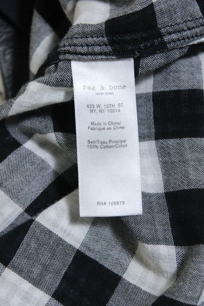 Rag & Bone Womens Cotton Check Print Ruched Round Neck Blouse Black Size XS