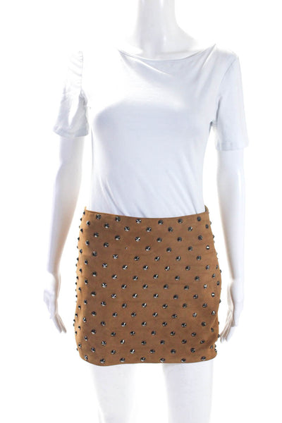Alice + Olivia Womens Goat Leather Studded Textured Zip Mini Skirt Brown Size 2