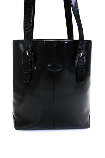 Tods Womens Double Handle Logo Front Medium Tote Shoulder Handbag Black Leather