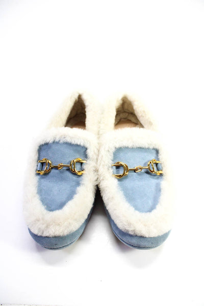 Stuart Weitzman Womens Blue/White Fuzzy Embellished Cozy Loafer Shoes 6B