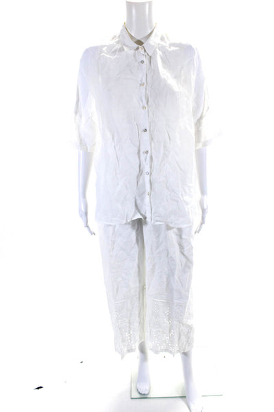 120% Lino Womens Linen Eyelet Button Down Pant Set White Size EUR 44