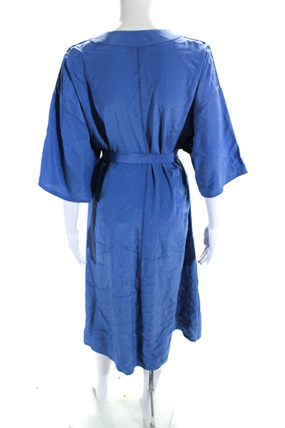 St. John Women Silk V Neck Short Sleeves Belted A Line Dress Blue Size 4