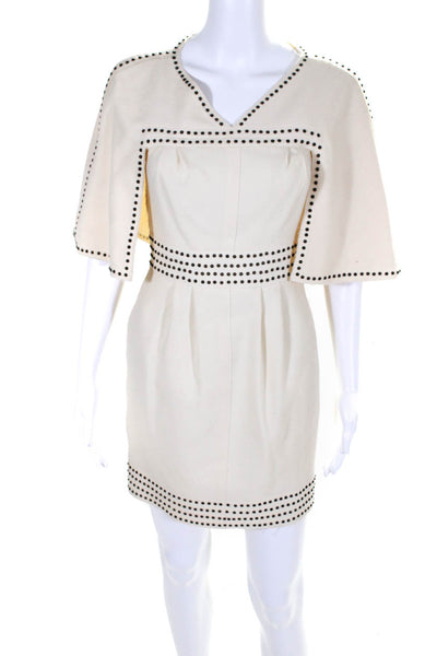 Fendi Womens Wool Stud V-Neck Pleated Fringed Button Zip Dress Cream Size EUR36