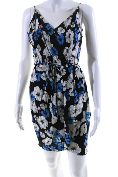 Yumi Kim Womens 100% Silk Floral V Neck A Line Dress Black Blue White Size XS