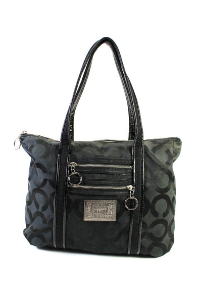 Coach Womens Patent Leather Piping Op Art Canvas Tote Handbag Black