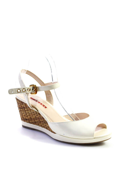 Prada Womens Woven Wicker Wedge Heel Ankle Strap Sandals Ivory Size 39 9