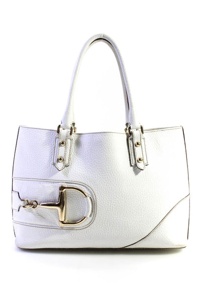 Gucci Womens Hasler Pebbled Leather Horsebit Rolled Handle Tote Handbag White