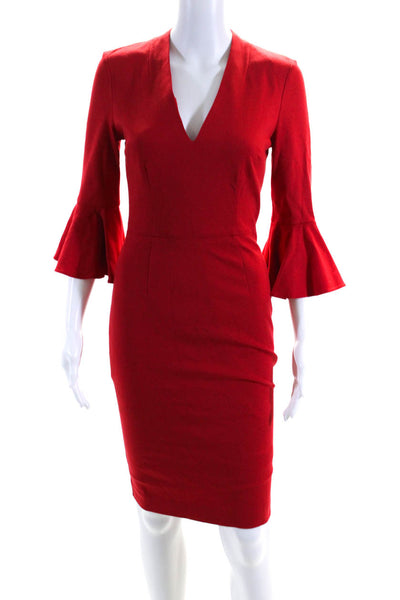 Trina Turk  Womens Ruffle Trim V-Neck Long Sleeve Zip Up Dress Red Size 0