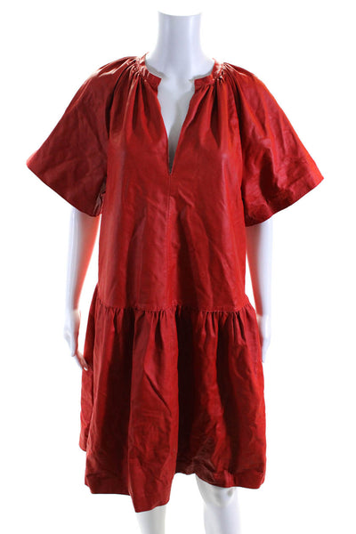 Stand Studio Womens Orange Leather V-Neck Short Sleeve A-Line Dress Size 34