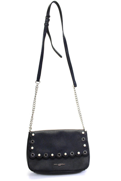 Karl Lagerfeld Saffiano Leather Faux Pearl Embellished Shoulder Handbag Black