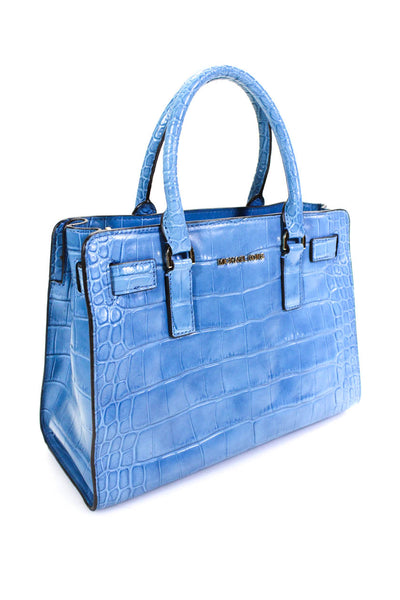 Michael Michael Kors Womens Medium Croc Embossed Shoulder Handbag Blue Leather