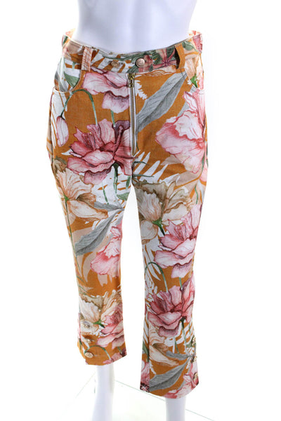 Isla & White Womens Mid Rise Floral Straight Crop Jeans Pink Orange Size Small