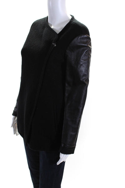 Vince Womens Leather Sleeve Wool Fleece Asymmetrical Zip Jacket Black Size Small
