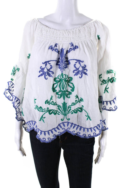 Ruby Yaya Womens White Cotton Printed Scoop Neck Long Sleeve Blouse Top Size S