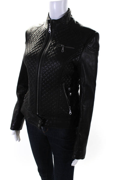 DKNY Womens Black Leather Quilted Full Zip Long Sleeve Motorcycle Jacket Size S