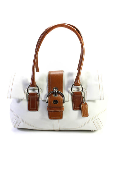 Coach Womens Leather Two Tone Buckle Top Handle Bag White Brown Size M