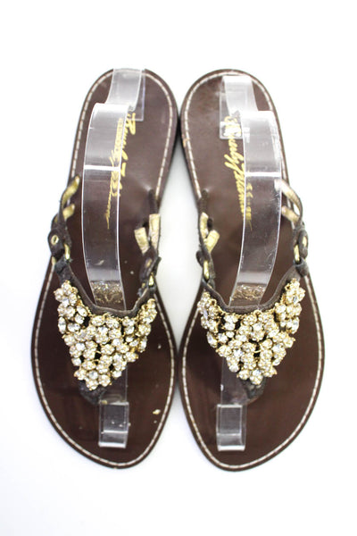 Beverly Feldman Womens Leather Thong Jeweled Slide On Sandals Beige Size 9 Mediu
