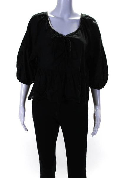 Apiece Apart Womens Cotton V-Neck Lace-Up Ruffled Cropped Blouse Black Size 4
