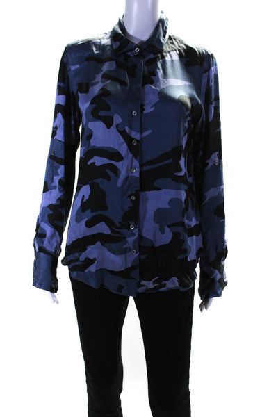 Cino Womens Camouflage Long Sleeved Collared Button Down Shirt Blue Black Size S