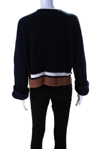 Proenza Schouler Womens Wool Ribbed Striped Pullover Sweater Navy Size M