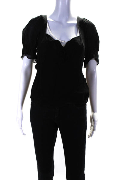 Reformation Womens Scoop Neck Bow Tied Short Sleeve Zipped Blouse Black Size 12
