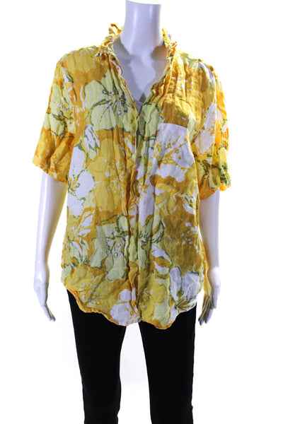 Faithfull The Brand Womens Linen Floral Print Buttoned Blouse Yellow Size 6