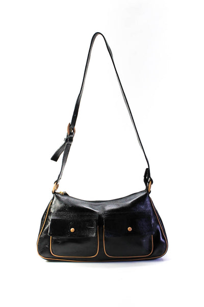 Francesco Biasia Womens Leather Zipper Closure Shoulder Handbag Black Brown