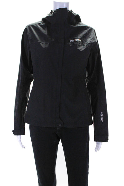 Marmot Womens Zippered High Neck Long Sleeved Hooded Rain Jacket Black Size XS
