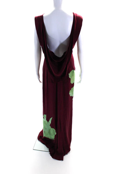 Johanna Ortiz Womens Embroidered Sleeveless Cape Back Gown Red Green Size XS