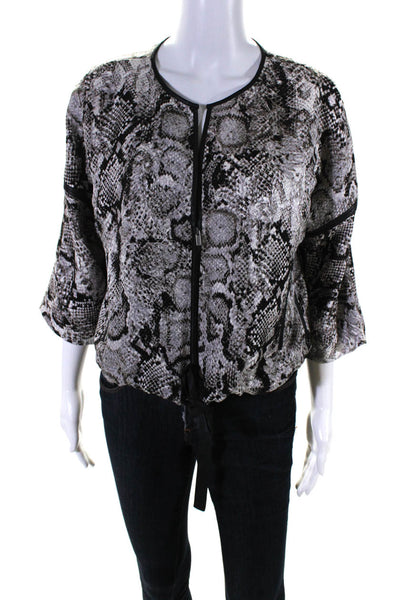 BCBGMAXAZRIA Womens Silk + Wool Animal Print Round Neck Jacket Gray Size L