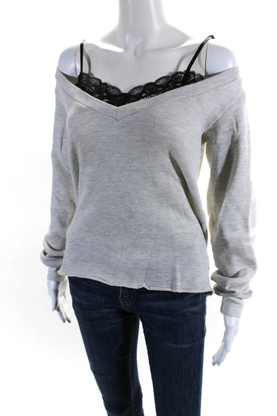 Nation LTD Womens Cold Shoulder Lace Trim V Neck Sweater Gray Black Size XS