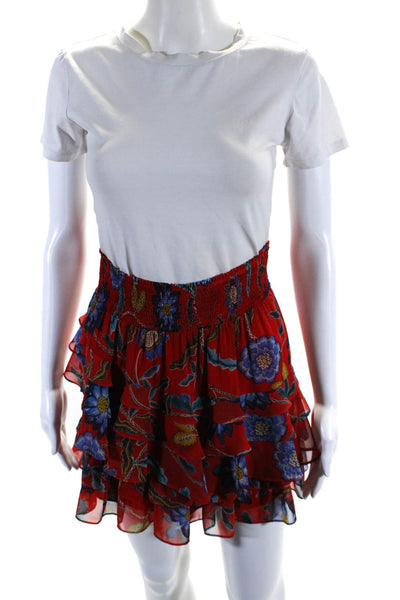 Rebecca Minkoff Womens Smocked Waistband Floral Tiered Skirt Red Blue Size 2XS