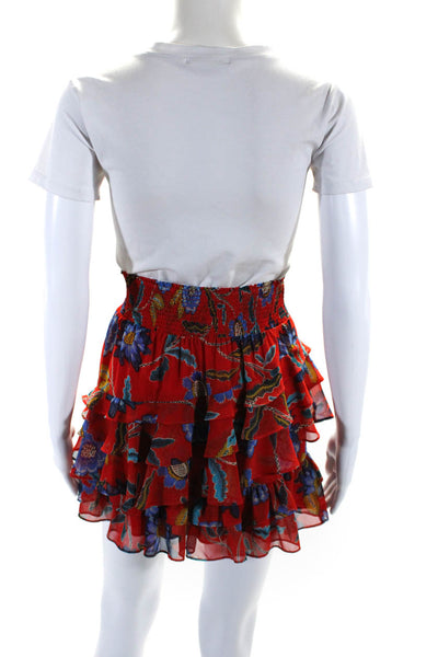 Rebecca Minkoff Womens Smocked Waistband Floral Tiered Skirt Red Blue Size 2XS