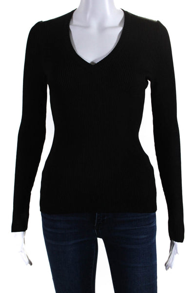 Hermes Womens Ribbed V Neck Long Sleeves Pullover Sweater Black Size Small