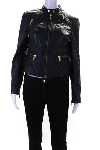 Michael Michael Kors Womens Front Zip Quilted Trim Leather Jacket Navy Small
