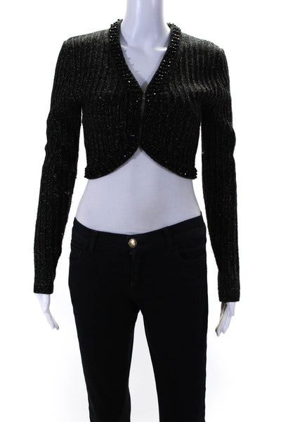Milly Womens Open Front Beaded Trim Metallic Knit Cardigan Sweater Black Small