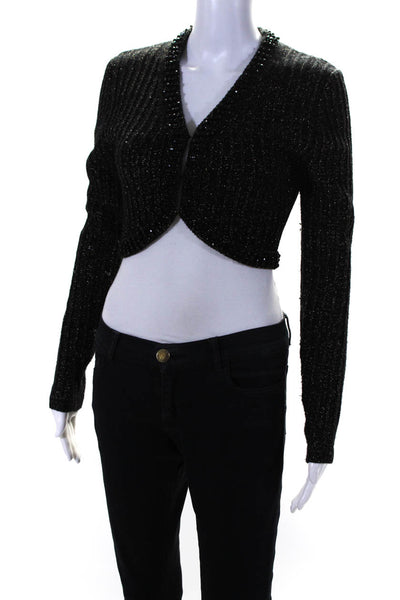 Milly Womens Open Front Beaded Trim Metallic Knit Cardigan Sweater Black Small