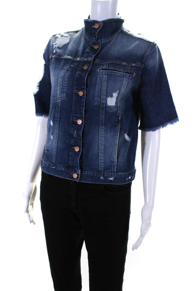 Genetic Denim Womens Button Front Distressed Short Sleeve Jean Jacket Blue Small
